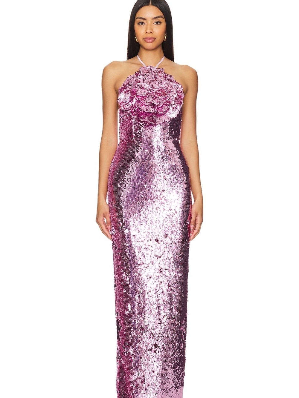 Lovers + Friends Pink Sequin Halter Maxi Gown with Floral Applique